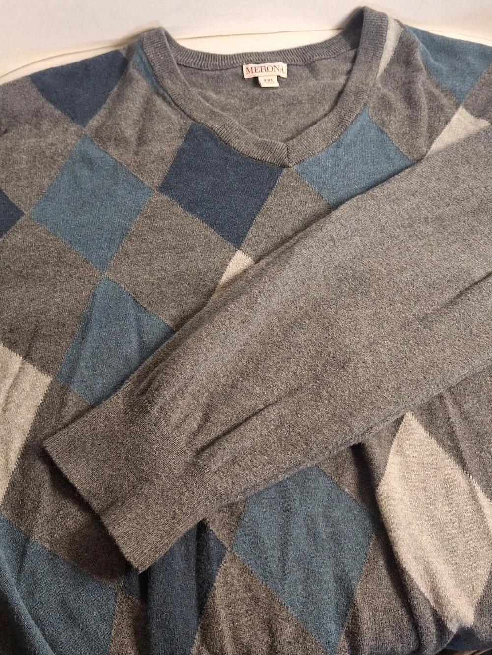 Merona Argyle Knit Pullover Sweater V-Neck Long Sleeve Gray Blue Mens Size 2X